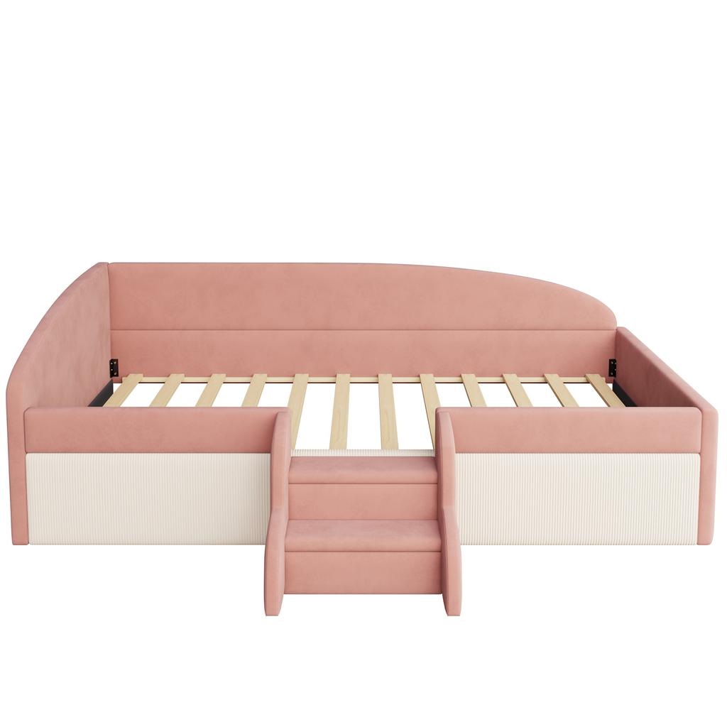 Upholstered Bed Sofa Bed, 90*190cm, Multifunctional Bed, with Steps and Guardrails, Skin-Friendly Velvet Fabric, without Mattress, Pink+Cream White