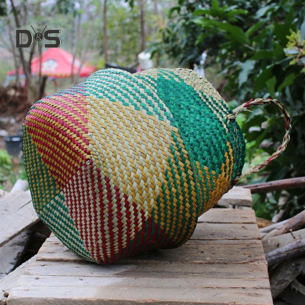 Dayuansheng Folding Straw Wicker Storage Basket Handle Garden Flower Pot Planter Laundry Bag