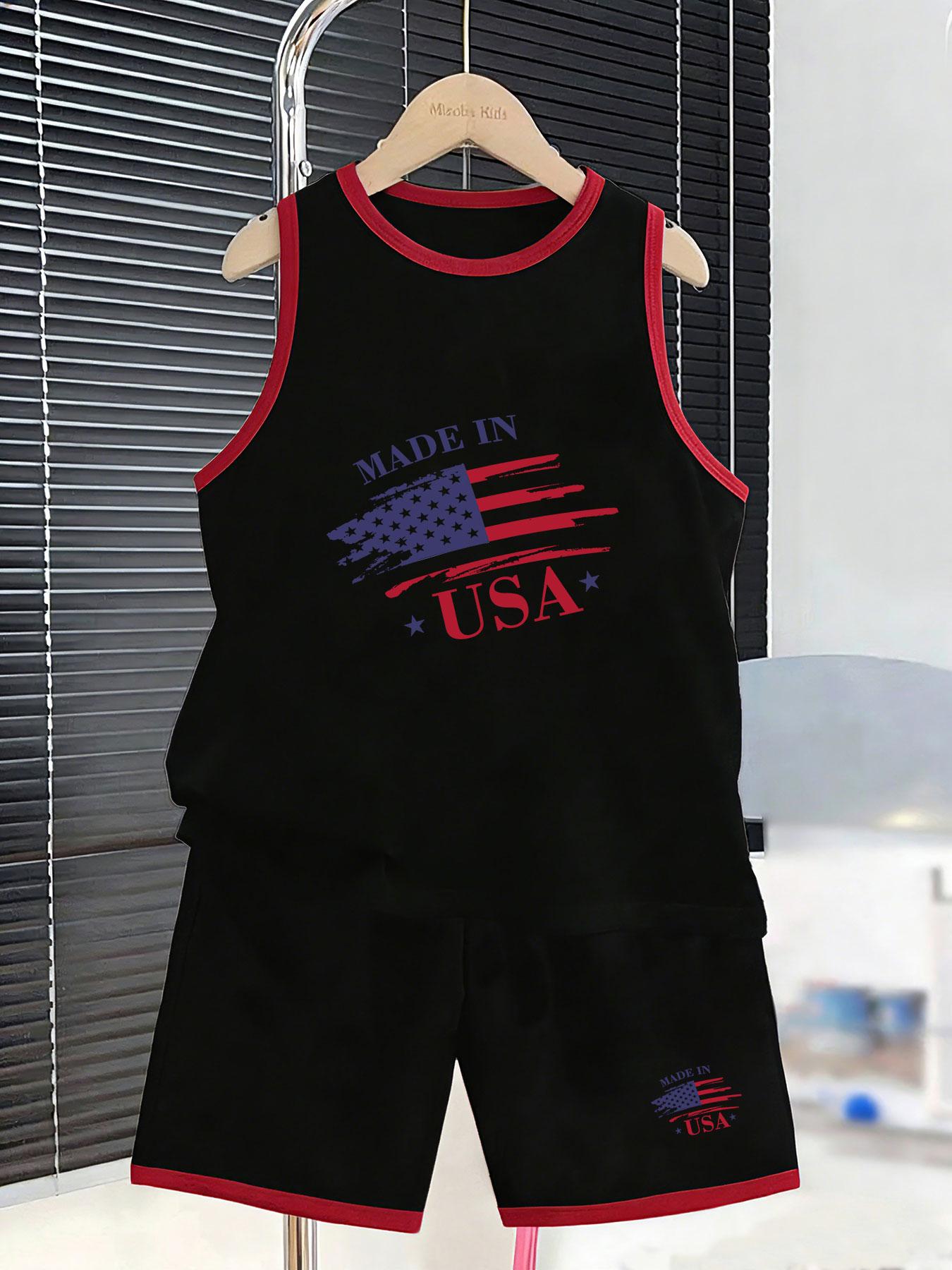 

Boys’ “Made in USA” set. American style prints, breathable fabric, loose fit for daily wear. 7Y чорний
