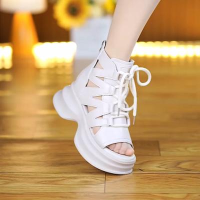 Sommer hohl atmungsaktive und dünne Römersandalen Damen 2025 neue vielseitige hochhackige Stiefel mit dicken Sohlen und Keilabsatz Muffin-Schuhe