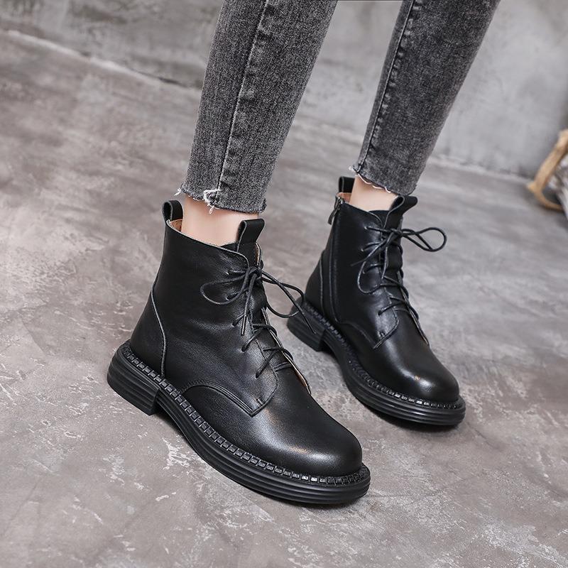 Winter Warm Boots Women Lace-Up Round Toe Flat Ankle Boots Handmade Retro Real Cowhide Side Zipper Plush Cotton Shoes