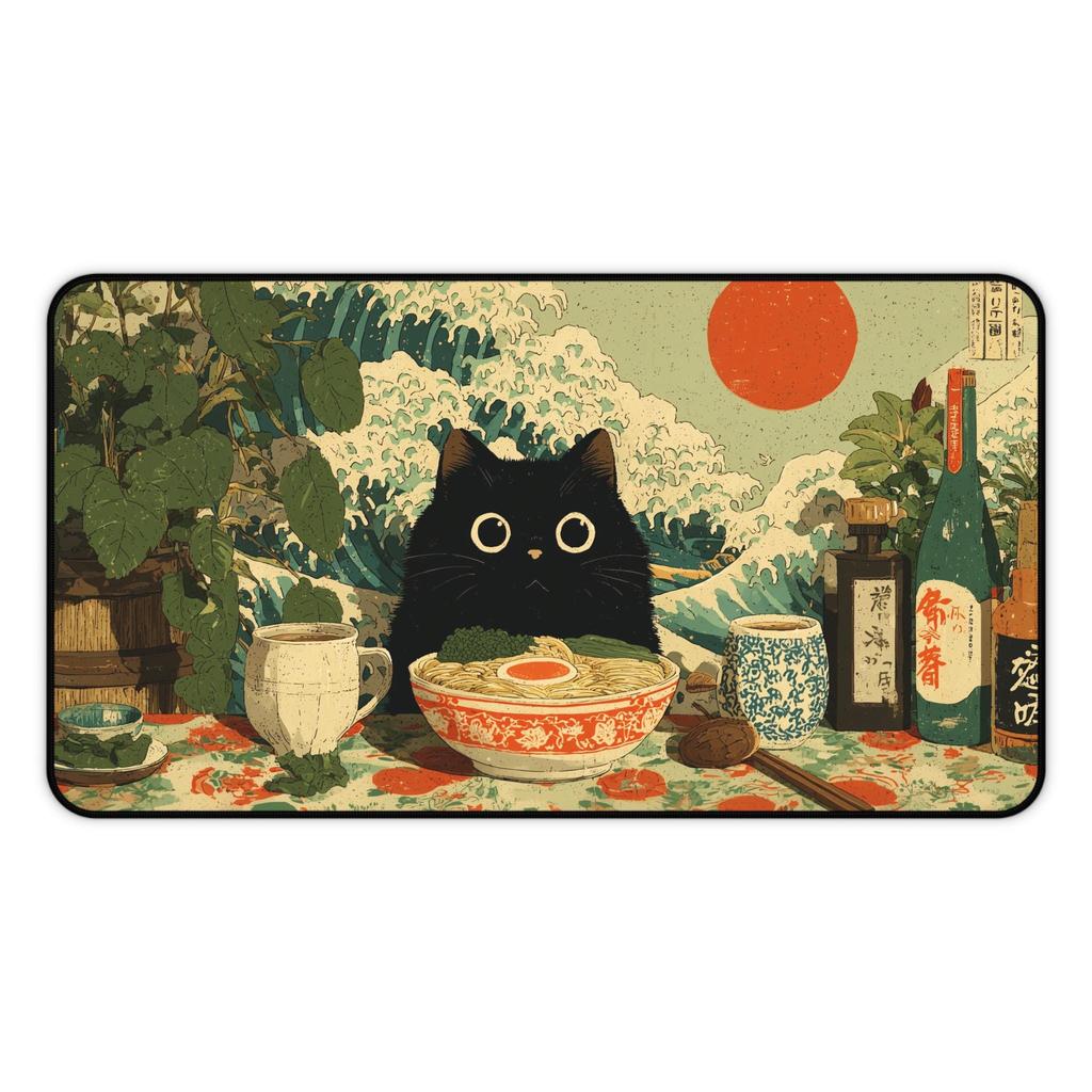 Retro Japan Ramen Shop Mouse Pad Cute Cartoon Black Cat PC Gaming Desk Mat Large Rubber Anti-Slip Laptop Kerboard Decor Mousepad