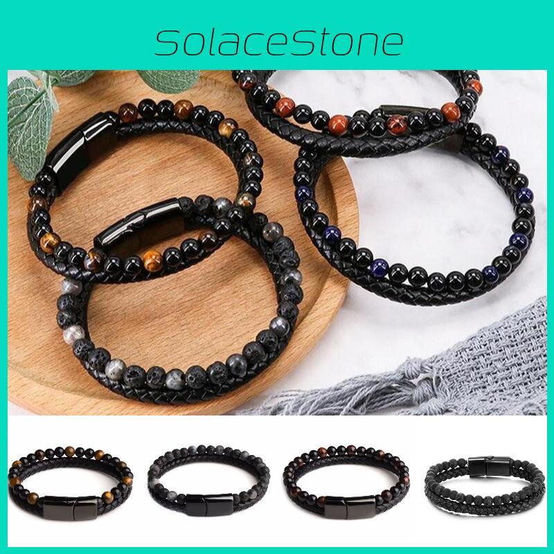 Trendy Double Strand Men's Bracelet With Volcanic Stone Beads And Faux Leather