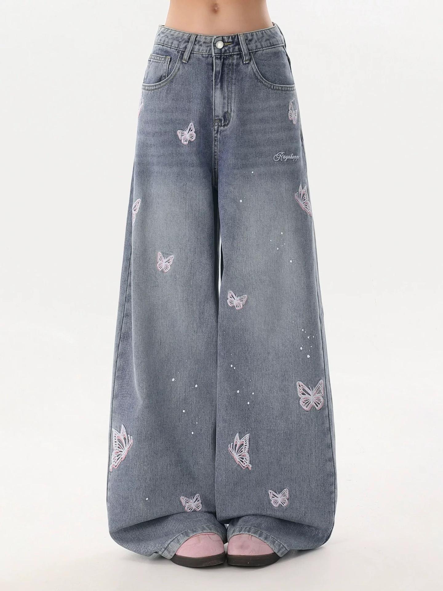 Women s Retro Butterfly Embroidered Wide-Leg Jeans Small