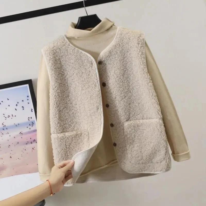 Lamb's Fleece Vests Jacket Spring Autumn Women Button Waistcoat Winter Warm Fleece Sleeveless Outwear