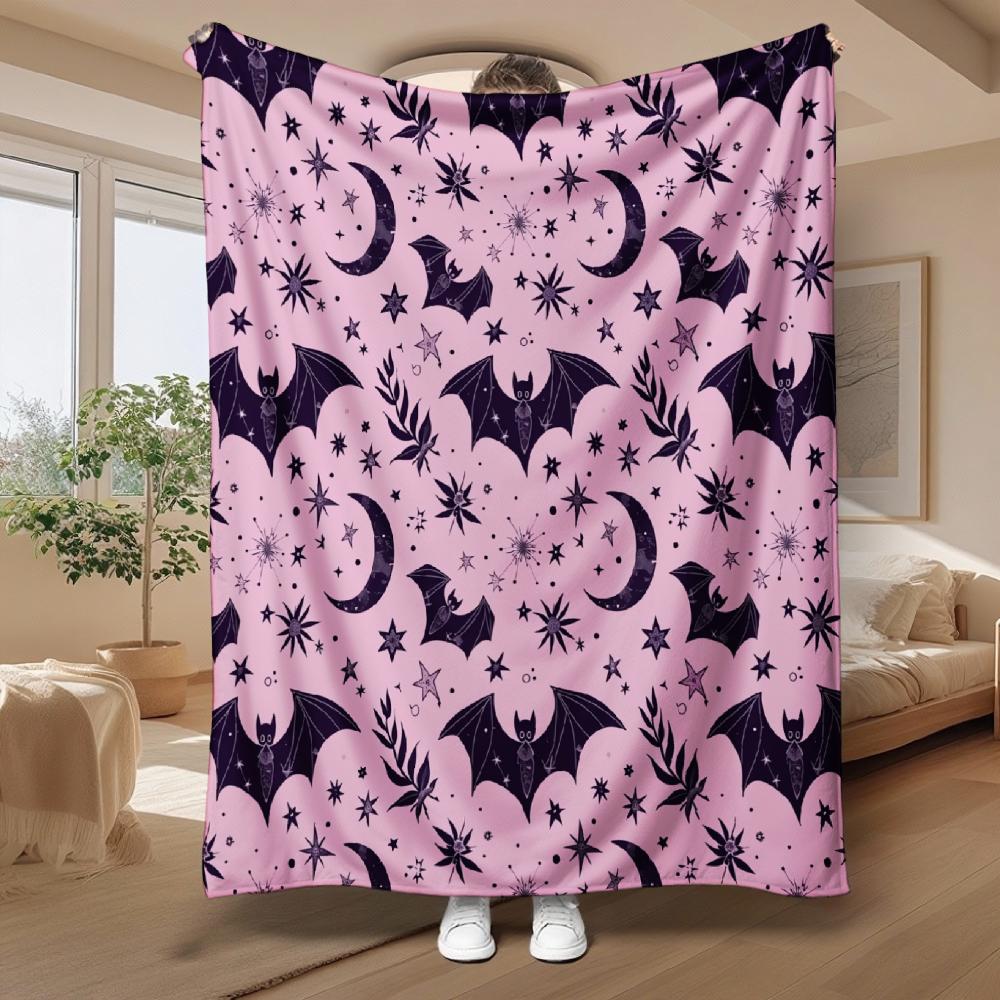 Gothic Bat And Moon Pattern, for Halloween Lovers, Soft Fleece Blanket, Pink And Purple Celestial Design, Multi-Purpose Home Decor, Cozy Warm Gift