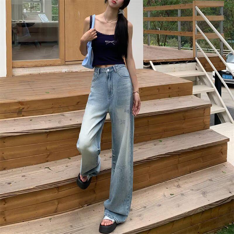 Women's Retro High-Waist Washed Blue Wide-Leg Jeans – Summer 2024 Floor-Length Loose Fit.