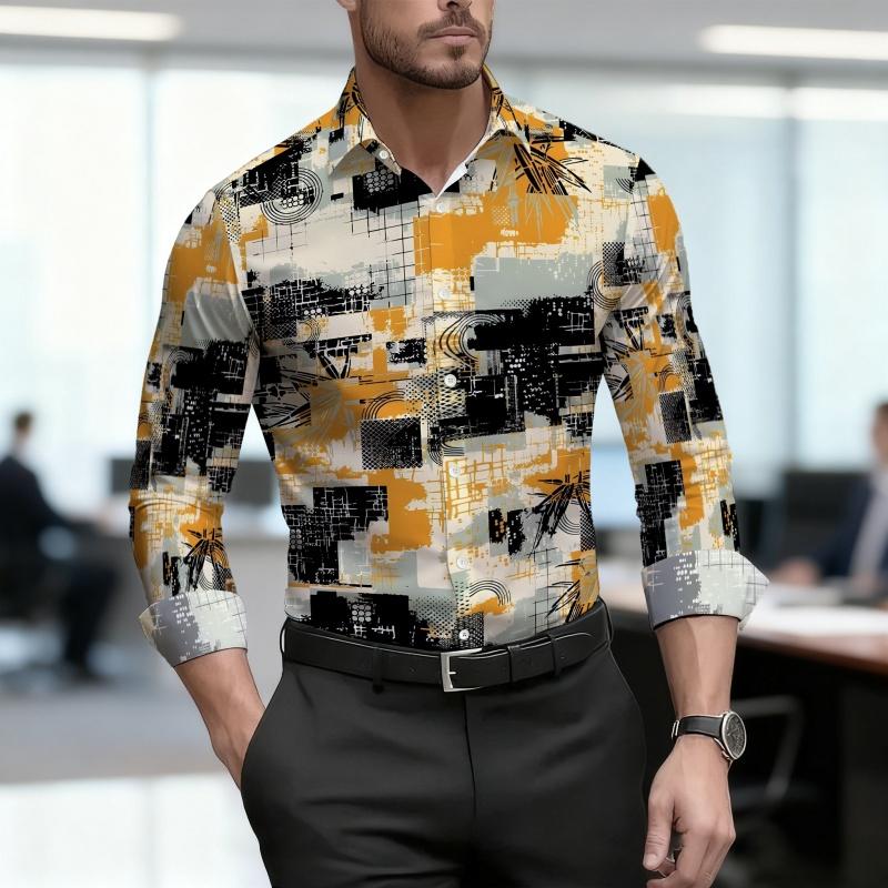 Men's Shirt Spring and Autumn New Style Men's Abstract Printed Long Sleeved Shirt Business Casual Slim Fit High-quality Shirt