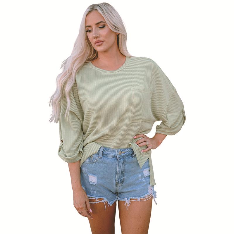 

European & American Batwing Sleeve Women s Pullover: Solid Color, Nine-Sleeve, Fashionable Round Neck Top Small зелений
