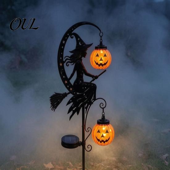 Dekorative Metall-Gartenstäbe Solar Halloween Gartenstecker-Licht, Automatisches Ein-/Ausschalten Halbmond Schwarze Katze mit Hängenden Gruseligen Außen-Terrassen-Akzenten Kürbis