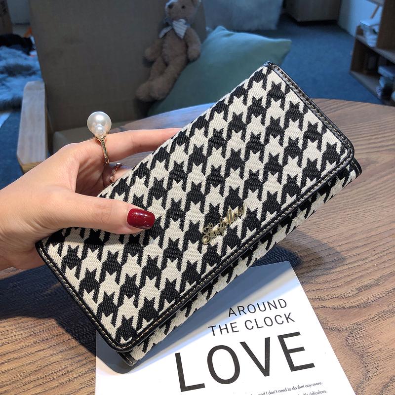 

2025 Long Genuine Leather Women Wallets Houndstooth Embroidery Clutch Bags For Ladies Fashion Cowhide Female Billfold Card Holder чёрный