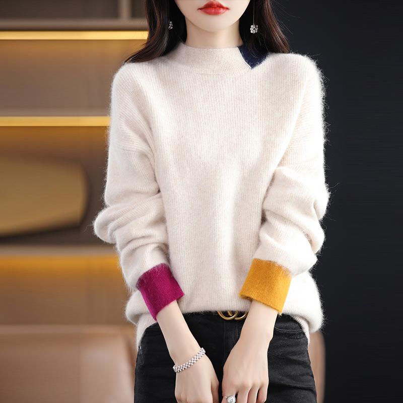 2024 Autumn/Winter Women's Color Block Mink Velvet Half-High Collar Sweater - Short, Loose, Thickened Wool Knit Base Layer.