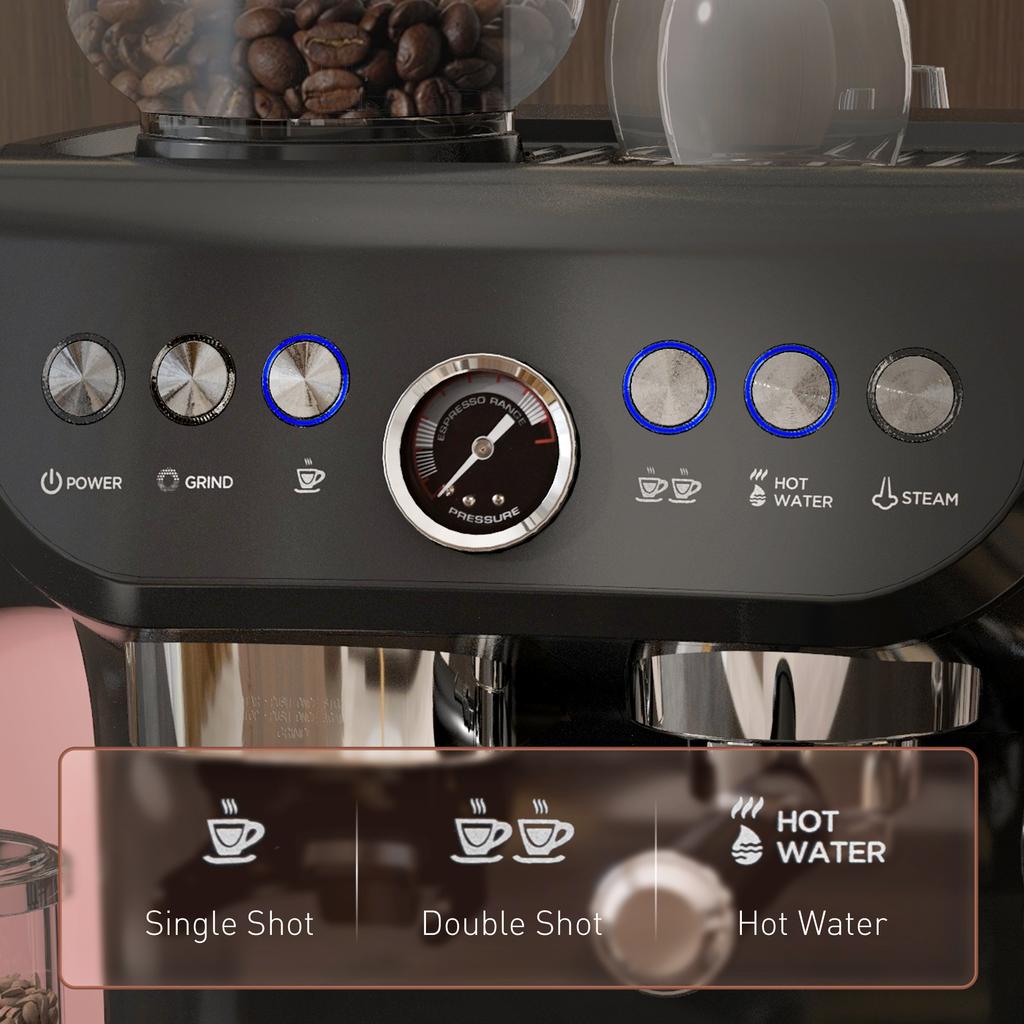 15 Bar Coffee Machine, with Adjustable Grind, Steamer and Accessories - Black