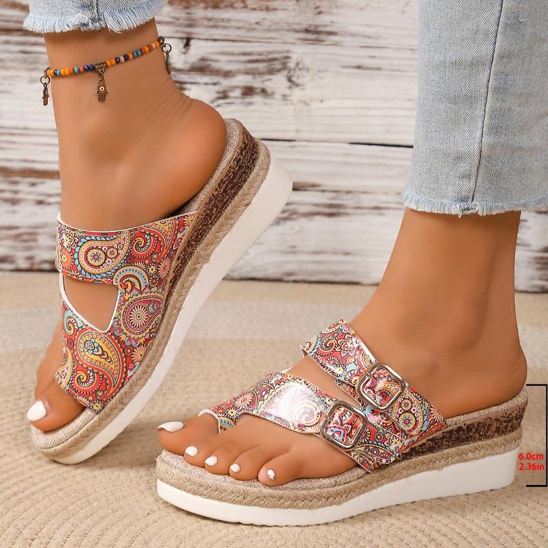 Fashion Summer New Round Head Cover Toe Metal Buckle Print Soft Sole Anti-slip Wear-resistant Flat Slippers Slope Heel Sandals