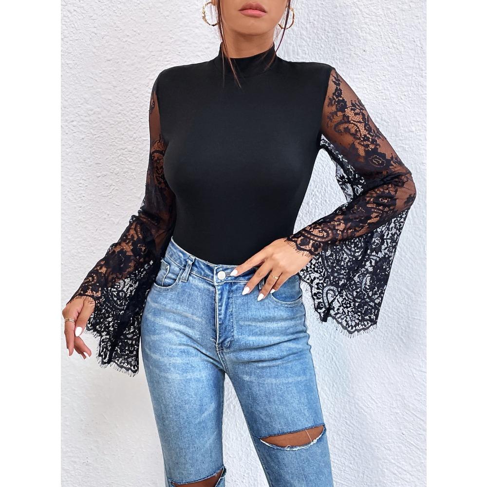 Women s High Neck Lace Flare Sleeve Bodysuit Long Sleeve Sheer Mesh Patchwork Top S чёрный