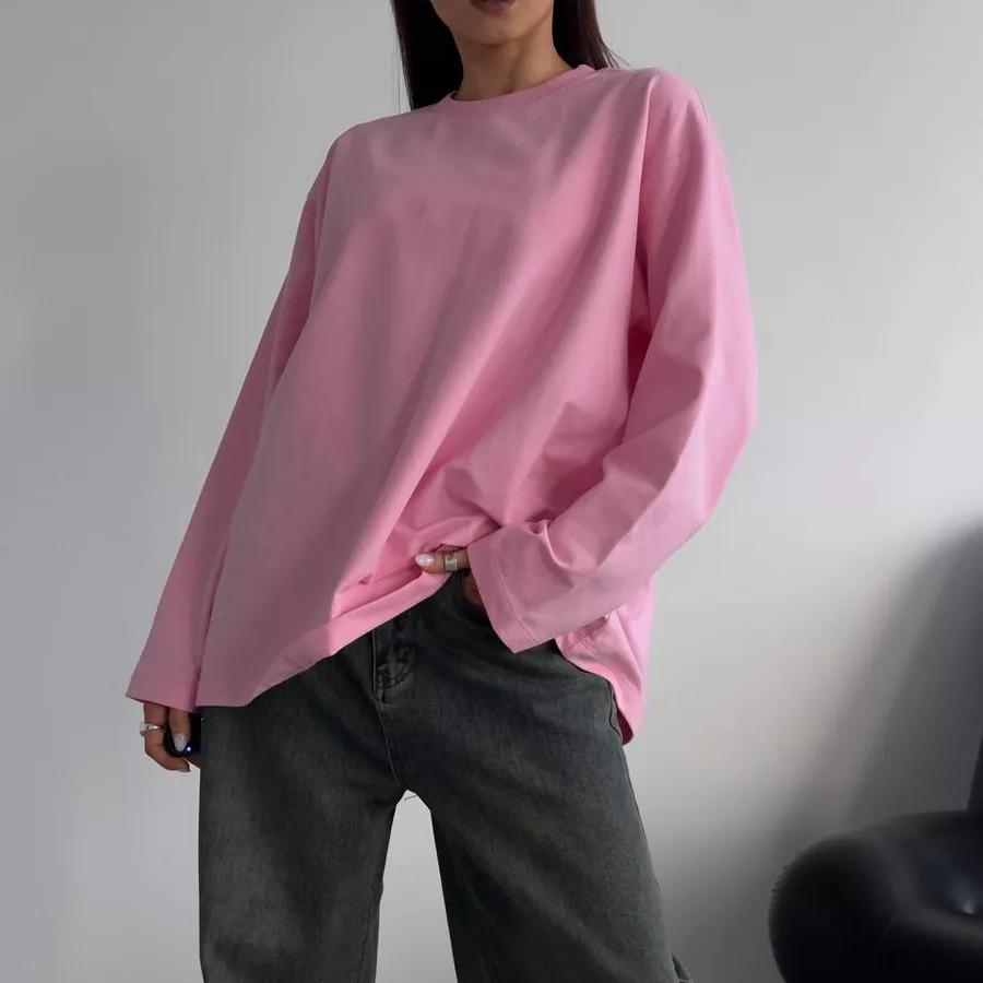 260g Pure Cotton Solid Colour Long Sleeve T-Shirt Women Loose Casual Round Neck Top