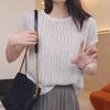 Summer Women's Round Neck Knitted T-shirt Casual Hollow Ice Silk Short Sleeved Knitted Shirt for Women