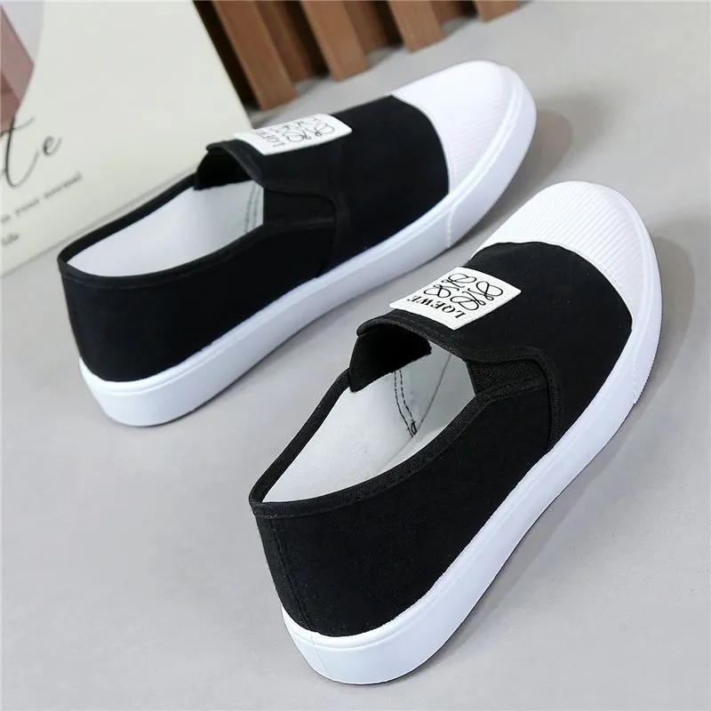 women fashion round toe anti skid spring slip on green canvas shoes lady student school black comfort loafers ab500
