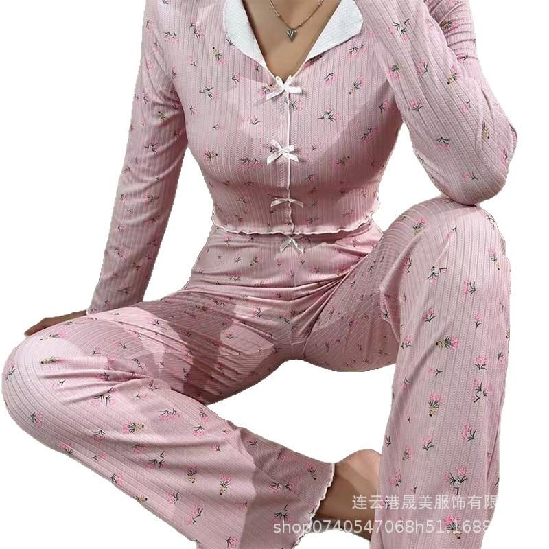 Homewear Casual Flower Printing Trousers Long-sleeved Two-piece Set European and American Can Be Worn Outside Women's Pajamas