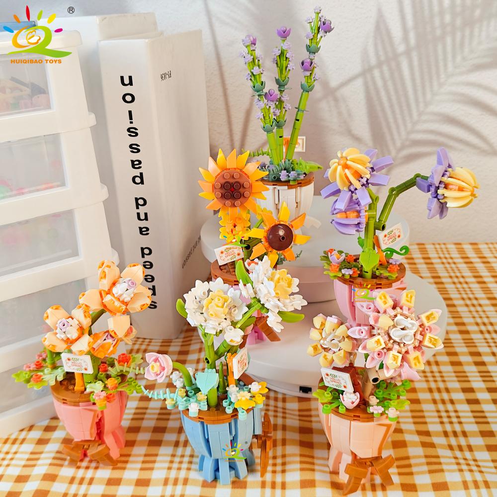 HUIQIBAO MOC Flower Model Micro Building Block DIY Eternal Bouquet Home Desk Desk Plant Decoration Brick Girl Gift Children Toy