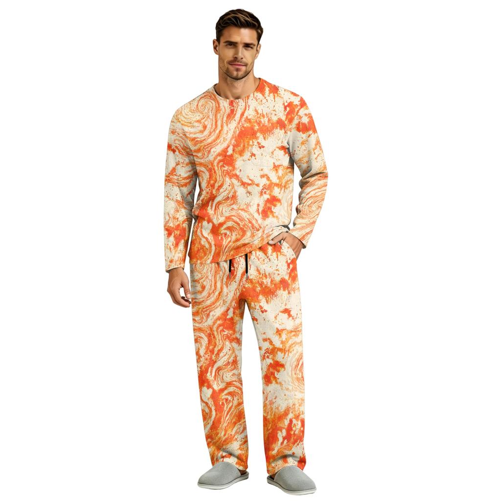 Men's Pajama Set Long Sleeve Top and Long Pants with Button Crotch and Elastic Drawstring Waist for Home Loungewear