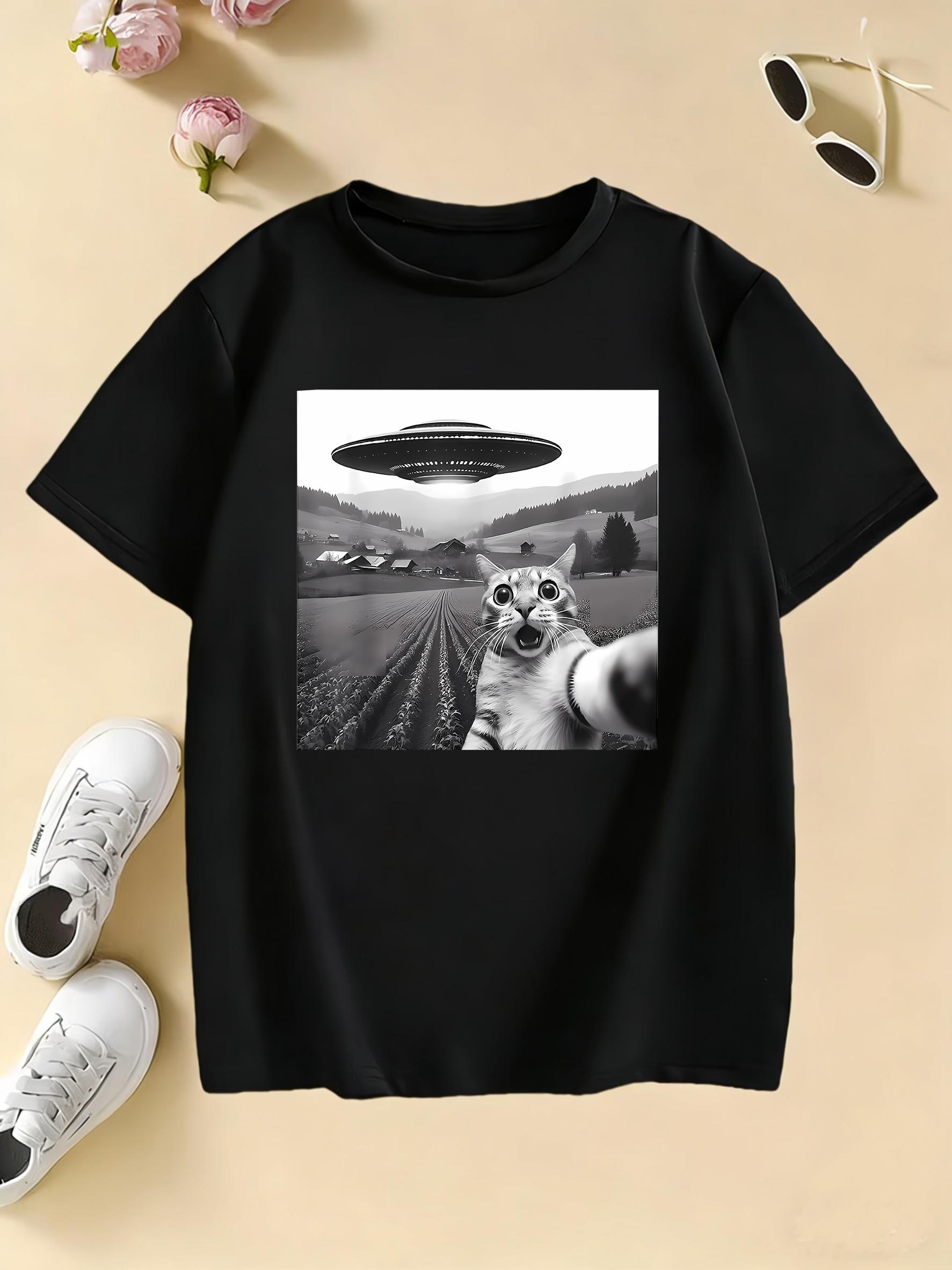 

2026 New Funny Casual Ufo Cat Kawaii Design Print T Shirts Kids Childrens Tshirt Anime Boys Girls Summer Spring Casual Top Tee S