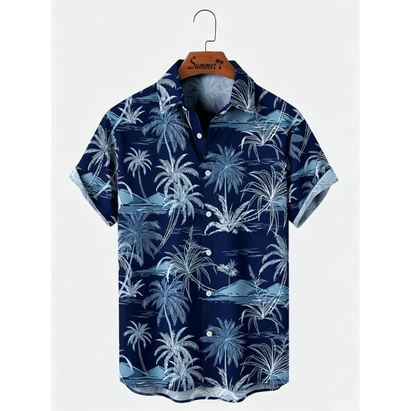 Men's Hawaiian Style Island Coconut Tree Short Sleeved Shirt with Full Print Collar Buttons, Beach Vacation Shirt