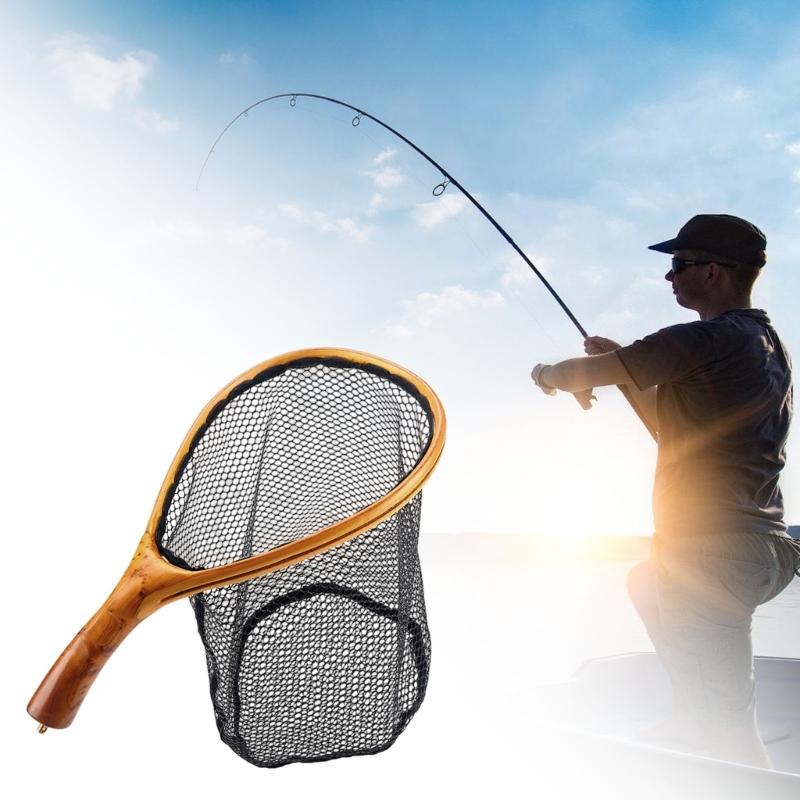 Curved Wood Handle Fishing Landing Net Mesh Design Protects Fishes Compacts Fishing Net For Anglers Stream Fishing
