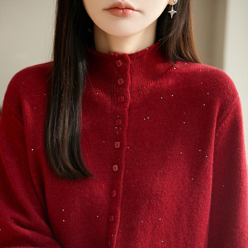 Women's Stand Collar Knit Cardigan with Sequin Yarn and Buttons - Long Sleeve, Versatile, Casual Loose-Fit Sweater Top