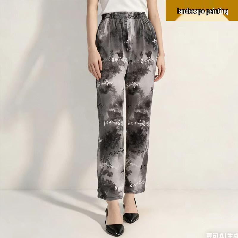 Ice Silk Floral Wide-Leg Pants for Middle-Aged and Elderly Women - Large, Loose, Casual, Straight-Leg Design