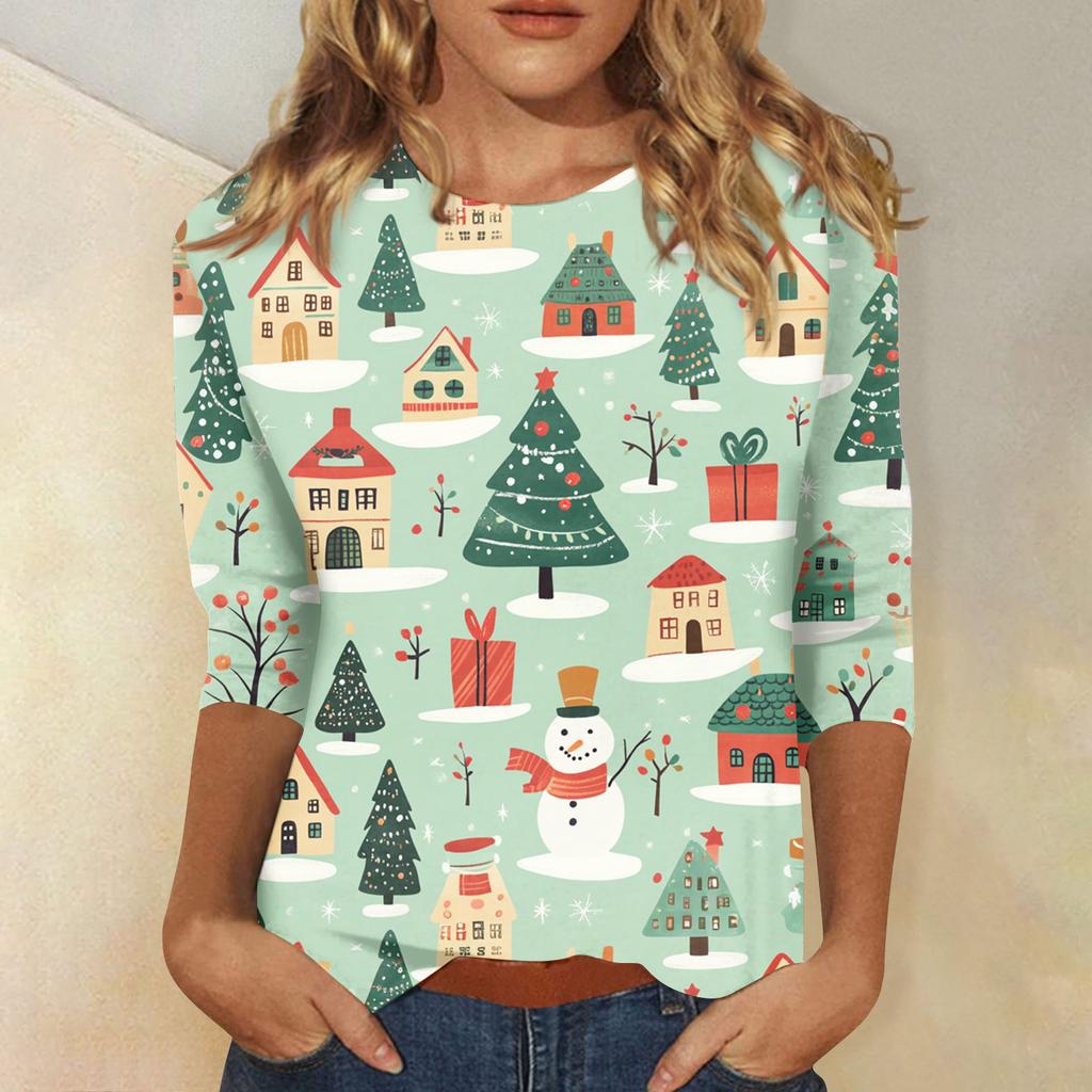 Women's Tops Three-quarter Sleeve Shirt V-neck Loose Casual Shirt Print T-shirt