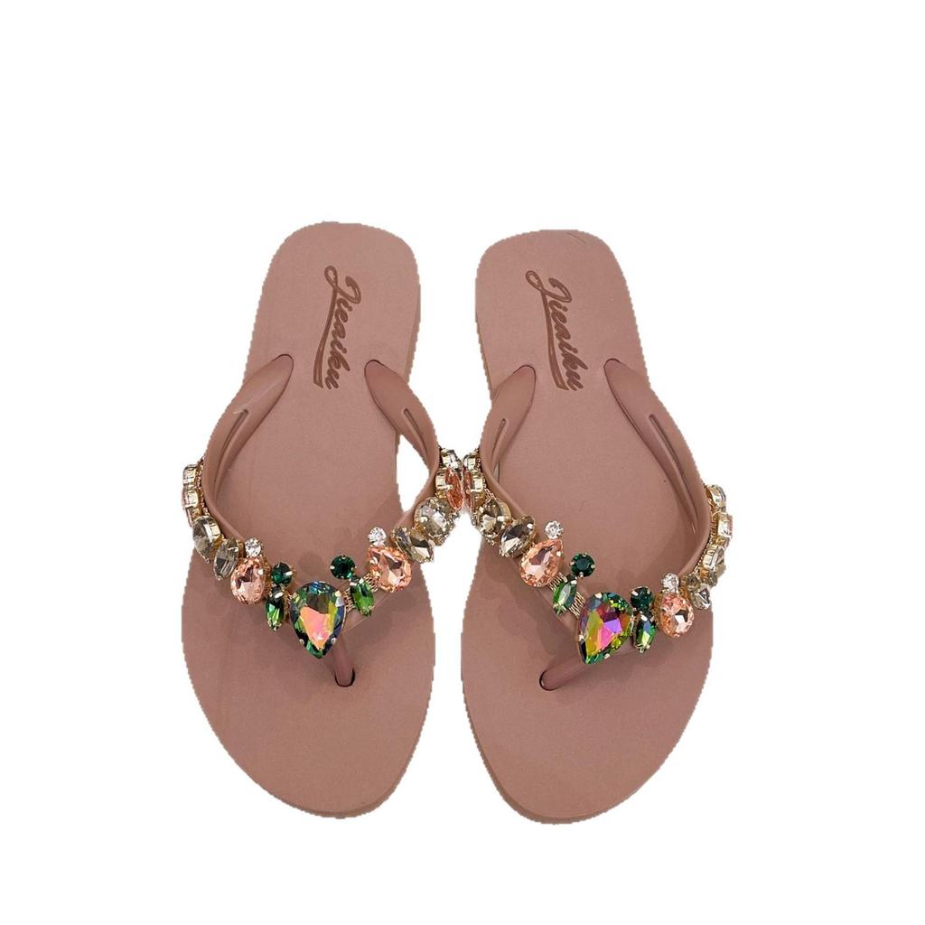 Summer Peach Heart Rhinestone Flip Flops - Women's Casual Beach Flats