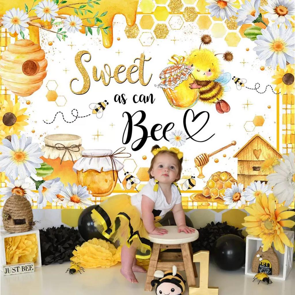 Tecknad Liten Bi Bakgrund Barn 1-årskalas Dekorationer Festtillbehör Honungsflicka Pojke Könsavslöjande Babyshower Banderoll Rekvisita