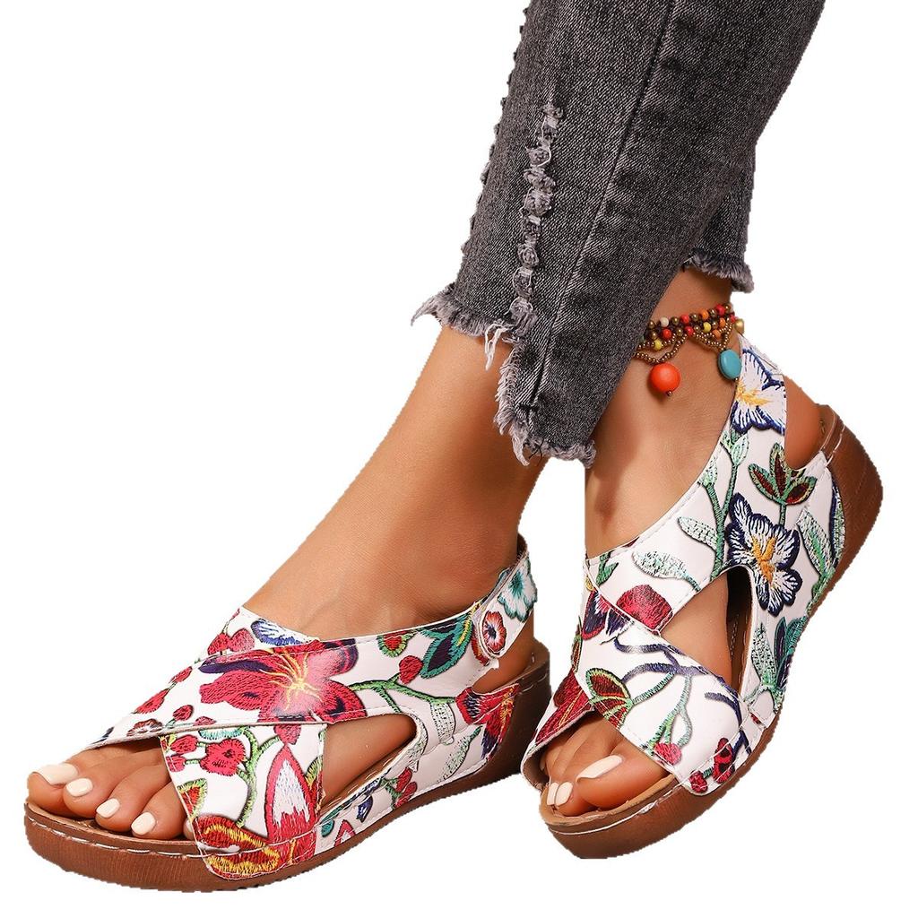 Large Size Wedge Sandals Summer 22 New Printed Cross with Velcro Sandals