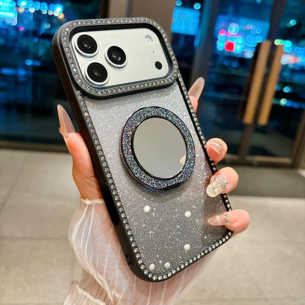 Gradient Glitter For Magsafe Magnetic Mirror Stand Holder Case For iPhone 11 12 13 14 15 16 17 Pro Max Bling Diamond Shockproof Cover