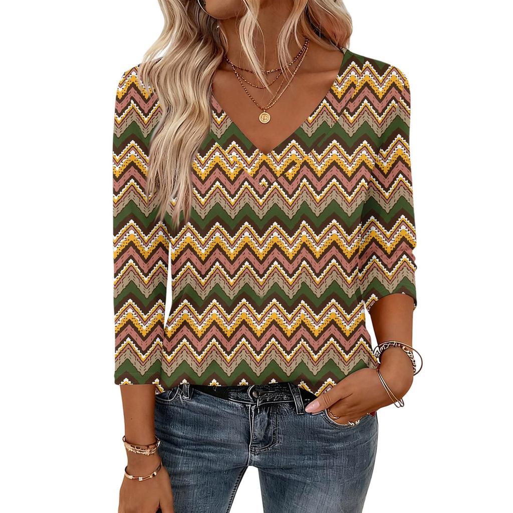 Damskie bluzki z rękawem 3/4, koszulki z dekoltem V, casualowe bluzki, podstawowe t-shirty