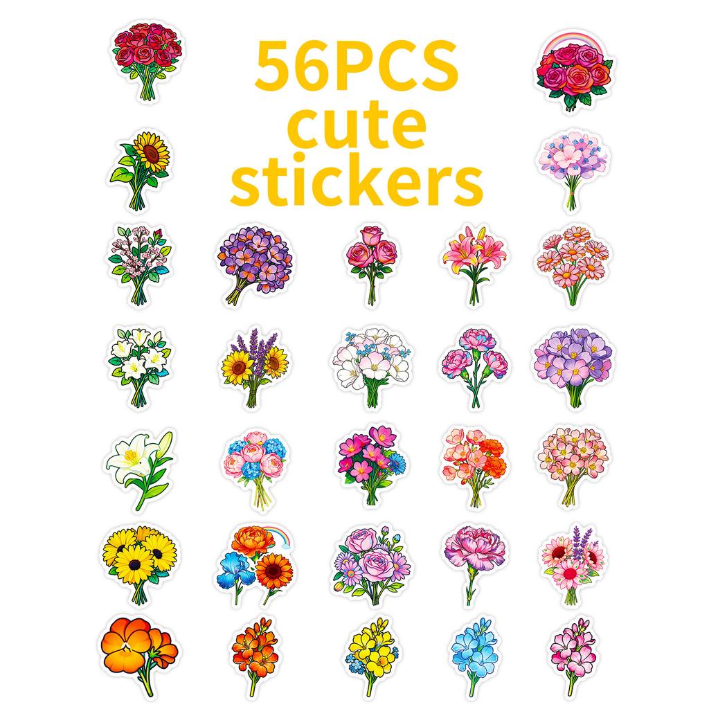56 Flower-Themed Decorative Stickers Colorful Bouquet Flower Stickers Handbook Diary Beautify Wind Flower Stickers