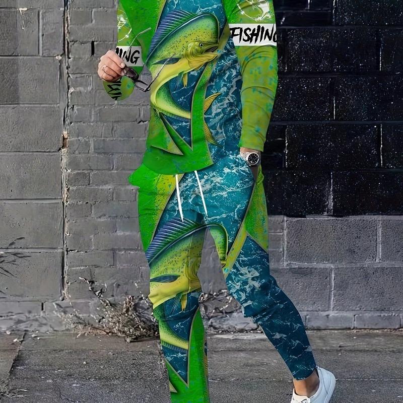 Herren Set 3D Karpfenangeln Druck Langarm Sportbekleidung T-Shirt+Hose 2-teiliges Set O-Ausschnitt Sweatshirt Jogginghose Sportbekleidung 2-teilige Anzüge