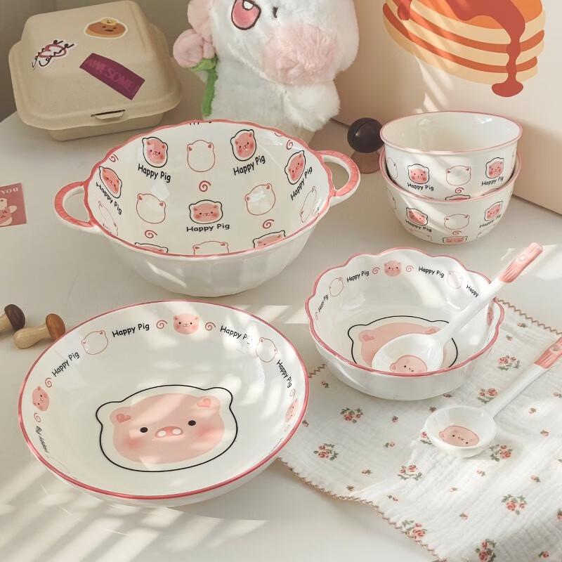 Fumai De Cute Pig 7-Piece Ceramic Rice Bowl Set