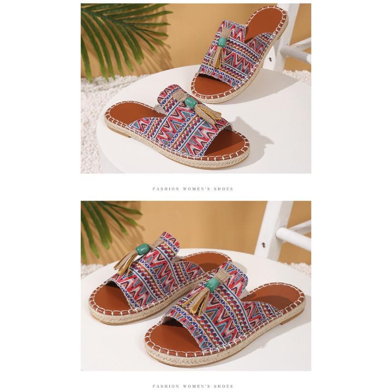 Boho płaskie sandały damskie - Nowość Lato 2025 z frędzlami - Rozmiar 43 Sandały plażowe