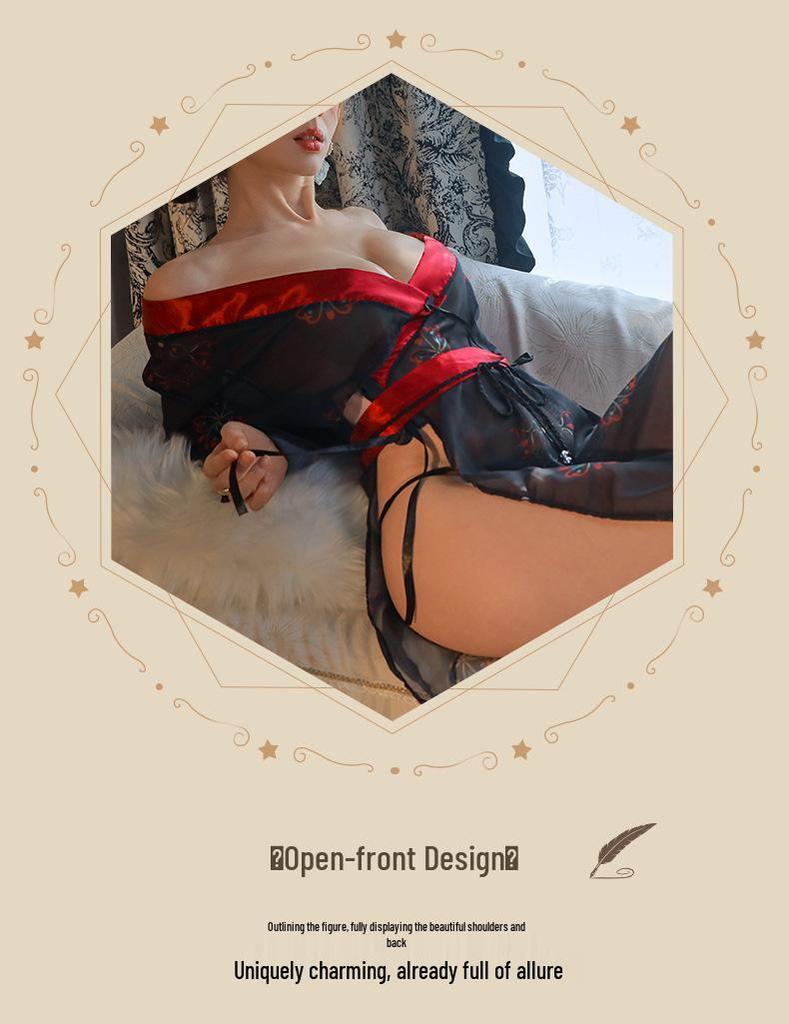 Erotic Black Japanese Kimono Lingerie Set