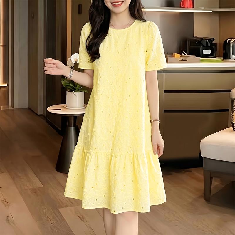 ZANZEA Women Casual Round Neck Short Sleeve Lace Crochet Patchwork Loose Dress S