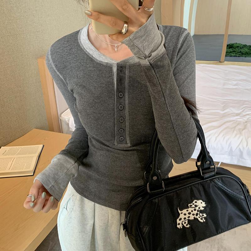Korean Series Contrast Color Knit T-shirt Women Autumn 2024 New Long Sleeve Inner Wear Slim Fit Short Round Neck Base Top
