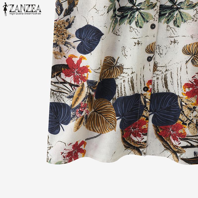 ZANZEA Women Casual Stand Collar Half Sleeve Loose Print Cotton Dress