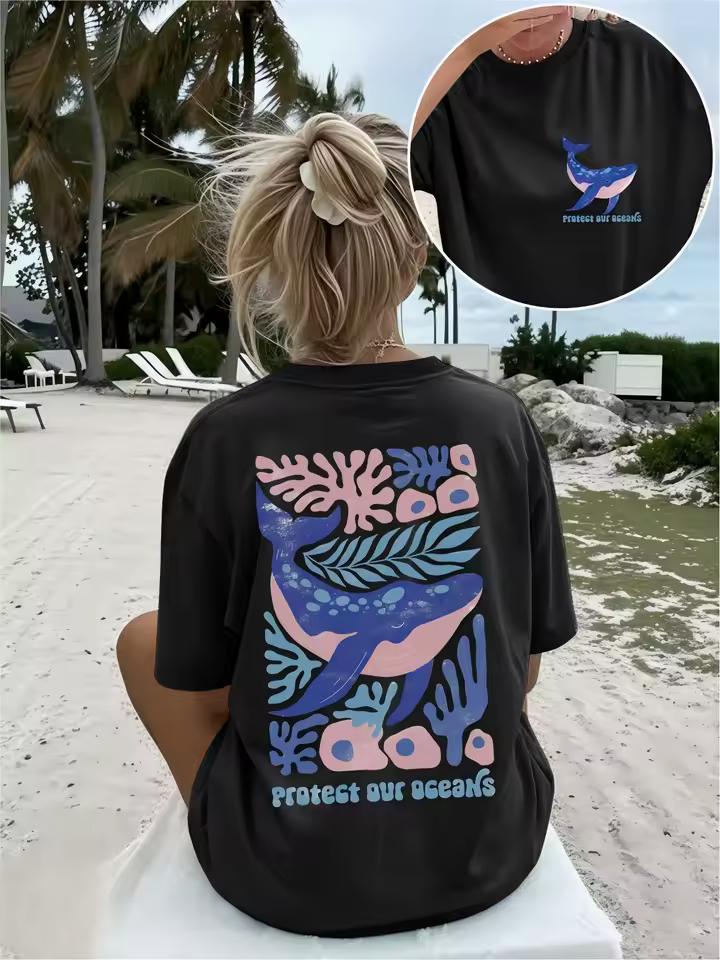 Ästhetisches Blauwal-Print Damen T-Shirt Meeresleben Korallen Tee Retro Harajuku Streetwear Kurzarm Schützt Unsere Ozeane Öko Top