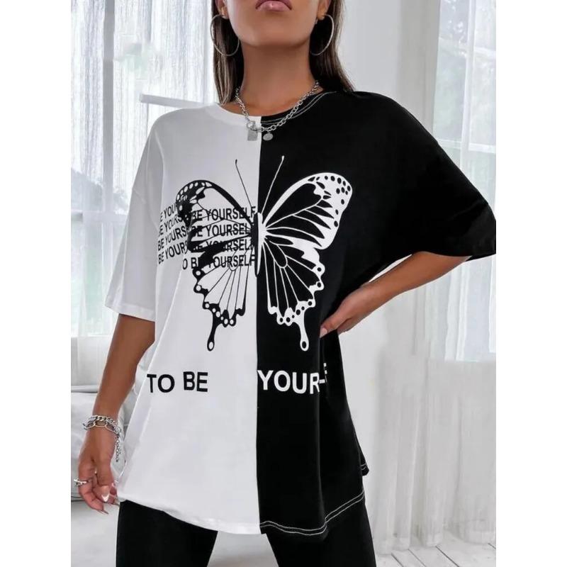 Summer Women T-Shirt Butterfly Pattern Print Casual Short Sleeves Short Sleeve Harajuku Outdoor T Shirts O-Neck Tops Clothes