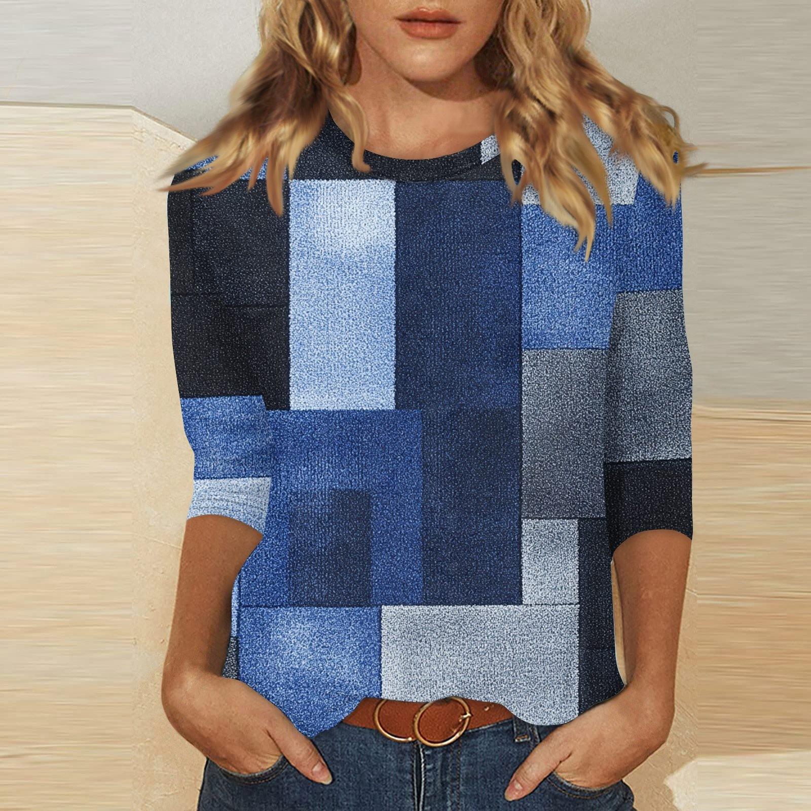 

Women s O-neck 3/4 Sleeve Print Top M синий