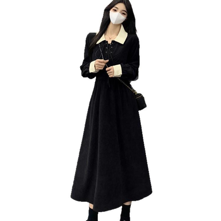 2026 Retro Color Block Corduroy Waist-Cinched Long-Sleeve Dress for Women - Plus Size Spring/Autumn Chic