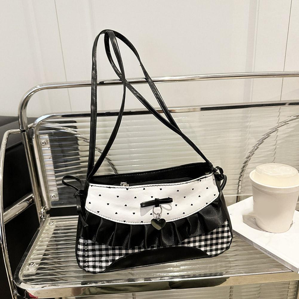 Casual French Lace Bow Shoulder Bag Niche Design Sweet Plaid Women Stylish Tote Purse Lace Ribbon Cloth Underarm Bag