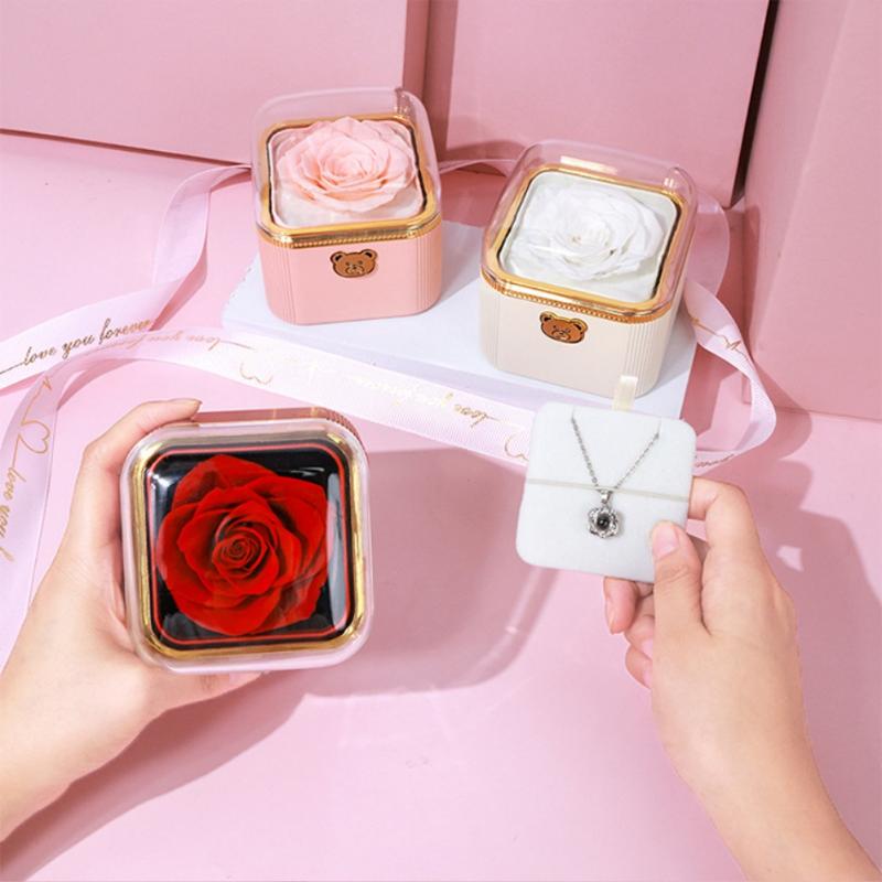 Fashion Cute Flip Necklace Box Romantic Dustproof Rotating Rose Box Automatic Plastic Necklace Storage Case Birthday